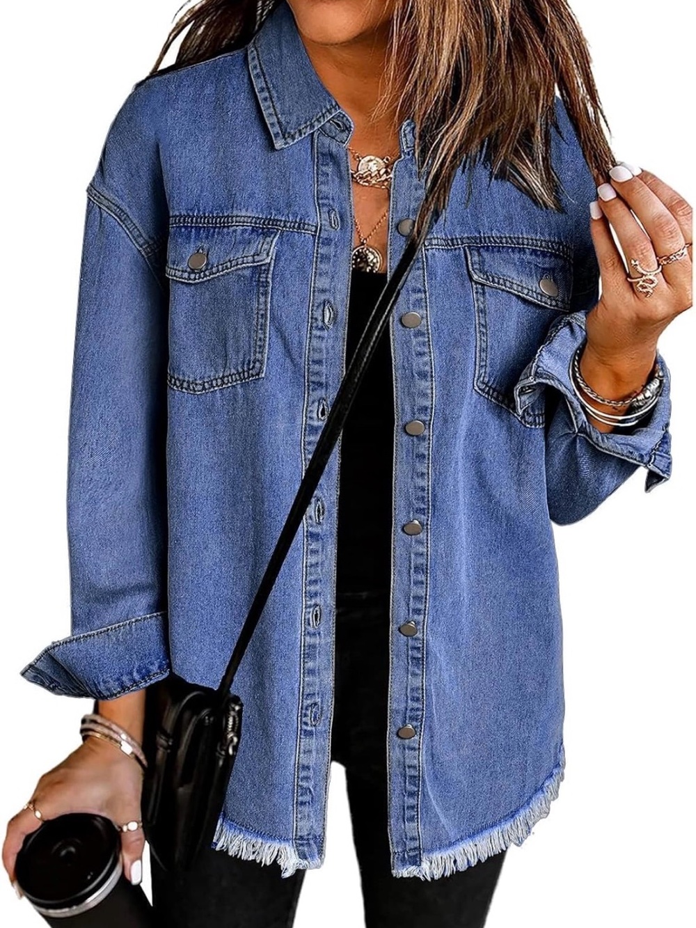 Denim Button-Front Shirt Jacket - Blue